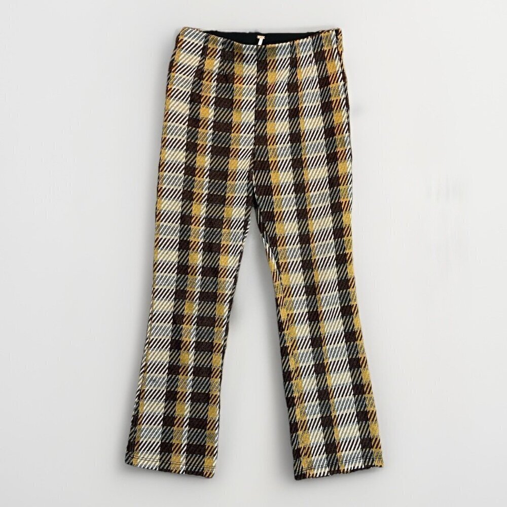 Free People Women's Cropped Pants Size 6 Brown Yellow Side Zip Back Pockets EUC